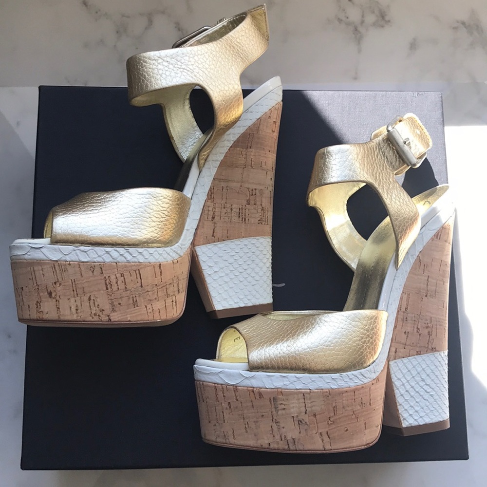 Giuseppe Zanotti Gold and White Platform Wedges